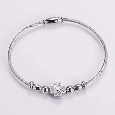 Bracciale Rigido In Filo Di Acciaio Inossidabile Con Quadrifoglio Strass Perline Metalliche Gioielli Da Donna