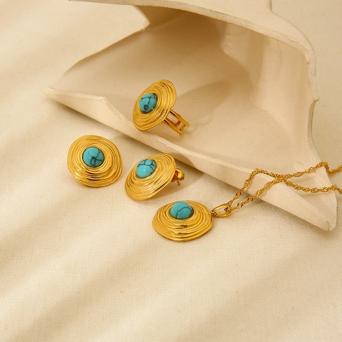 Retro Stainless Steel Turquoise Jewelry Necklace Earrings Ring Spiral Concentric Geometric Vintage Bohemian Women