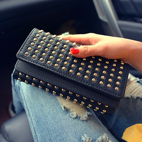 Cartera Larga De Mujer Con Remaches Punk Cuero PU Doble Tapa Bolso De Mano Triple Pliegue Monederos De Tendencia