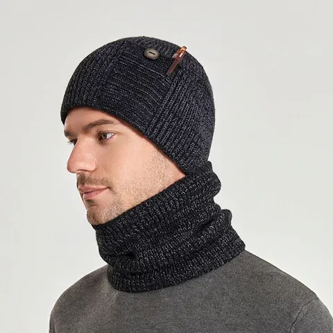 Berretto E Scaldacollo In Maglia Da Uomo Inverno Foderato In Pile Acrilico Caldo Antivento Beanie Con Bottone Decorativo Tasca