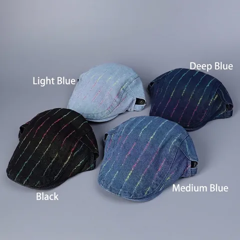 Vintage Denim Katoenen Platte Pet Kleurrijke Verticale Strepen Verstelbare Retro Baret Voor Dames Casual Streetwear