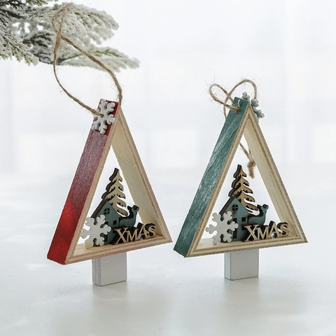 Decorazione Sospesa Natale Triangolo Legno Lettera XMAS Albero Renna Fiocco Di Neve Pendente Decoro Casa Festa