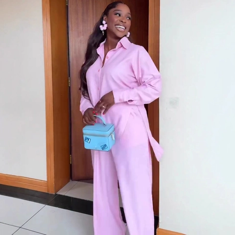 Women Polyester Long Sleeve Lapel Shirt And Wide Leg Trousers Back Tie Slit High Waist Elegant Fashion Outfit Pink