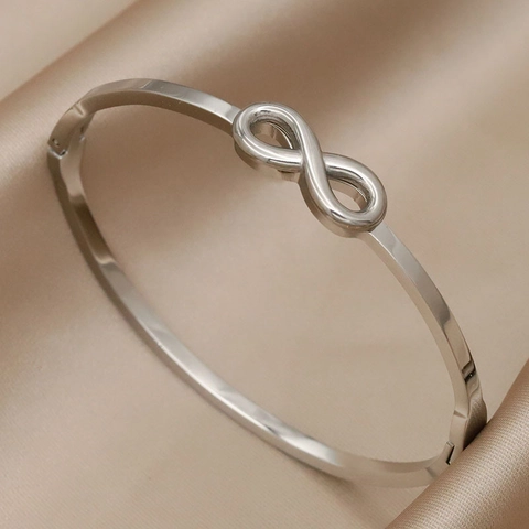 Bracelet Jonc Symbole Infini En Acier Inoxydable Design Noeud Charnière Poli Bijoux Tendances Minimalistes Pour Femmes