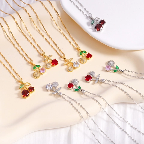 Collana Con Pendente A Ciliegia In Rame Con Zirconi Incastonati Forma Di Frutta Elegante Catena Di Clavicola Alla Moda Per Donna