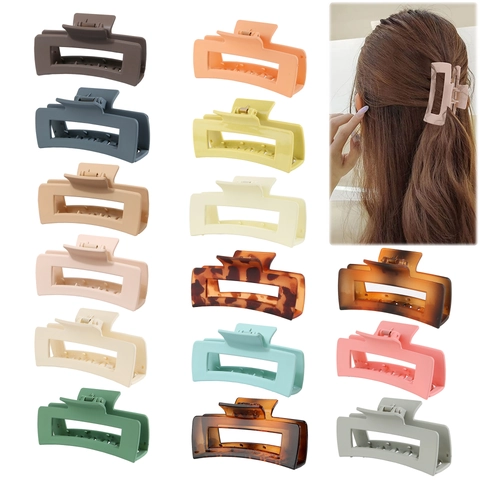 Large Hair Claw Clip Rectangle Matte Plastic Resin Hollow Strong Grip Non Slip Minimalist Solid Color Tortoise Shell Women