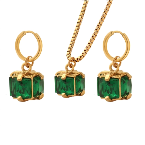Titanium Staal Groen Zirkoon Hanger Ketting En Oorbellen Vierkante Smuragd Slijpvorm 18K Verguld Elegante Sieraden Vrouwen
