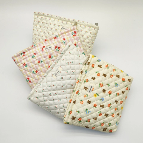 Borsa Trucco Trapuntata Grande Capacità Stampa Orso Floreale Pochette Cosmetica Portatile Viaggio Organizzatore Toilette Donne