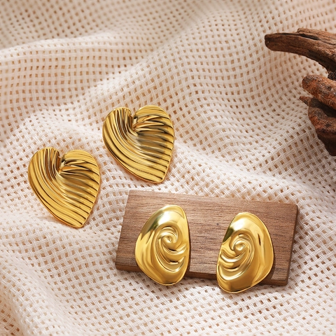 Heart And Spiral Stud Earrings Stainless Steel 18K Gold Plated Striped Texture Fashion Jewelry For Women