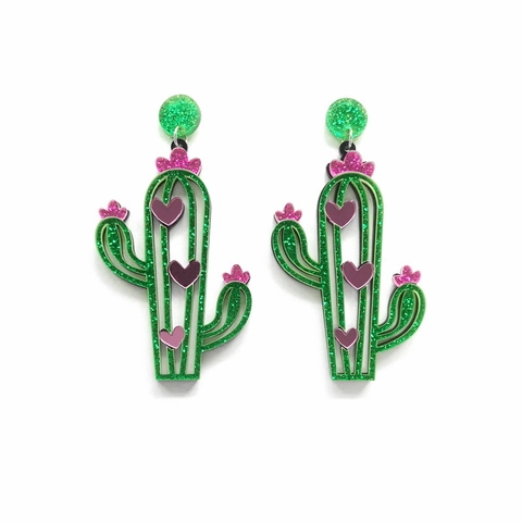 Kaktus Blume Herz Hängeohrringe Grüner Glitzer Acryl Böhmisch Ethnisch Stil Schmuck Für Frauen Handgefertigtes Accessoire