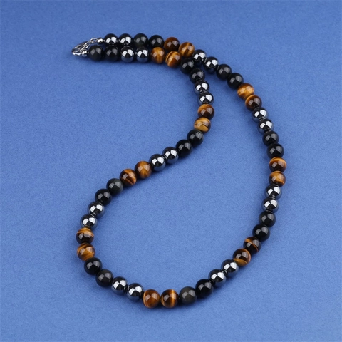 Men Beaded Necklace Natural Tiger Eye Stone Obsidian Hematite Energy Healing Yoga Jewelry Fashion Necklaces With Metal Clasp