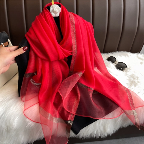 Women Shawl Scarf Sheer Polyester Gold Glitter Metallic Edged Sun Protection Elegant Solid Color Versatile Accessory
