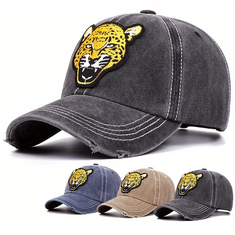 Vintage Washed Cotton Baseball Cap With Leopard Head Embroidery Distressed Retro Casual Sun Hat For Men Women