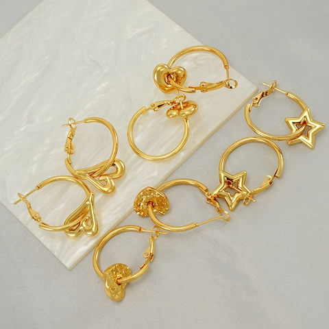 Boucles D'oreilles Créoles Étoile Et Cœur En Acier Inoxydable Plaqué Or 18K Bijoux De Mode Chic Femmes