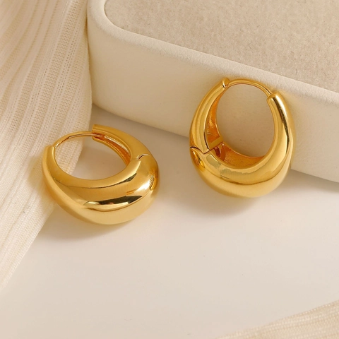 Orecchini A Cerchio Spessi In Rame Geometrici Goccia D Acqua Minimalisti Stile Francese Vintage Lucido Oro 18K Donne