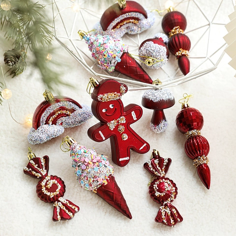 Ornamenti Appesi Albero Natale Plastica Glitter Verniciato Decorazione Festiva Fungo Omino Zenzero Cuore Rosso
