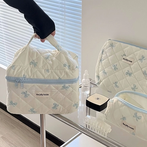 Bolsa De Maquillaje De Algodón Acolchado Lindo Estampado De Lazos Neceser De Viaje Organizador Cosmético Portátil Suave Con Cremallera