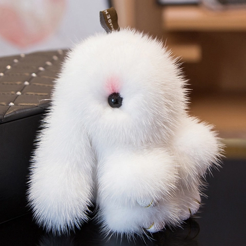 Mignon Porte-clés Lapin en Fourrure de Vison Peluche Douce Animal Charme de Sac Pour Sac à Main Femme Porte-clés Voiture