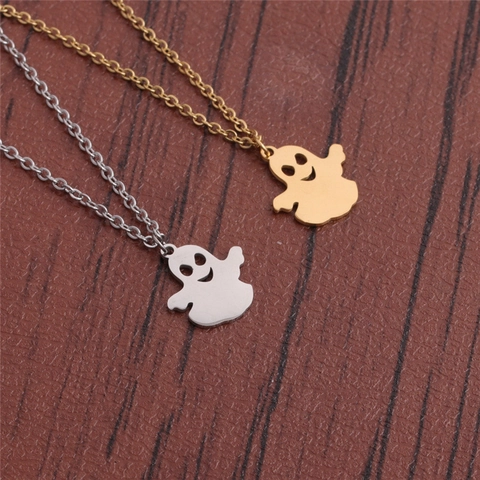 Cute Ghost Pendant Necklace Stainless Steel Hollow Out Spirit Jewelry For Halloween Party Gift