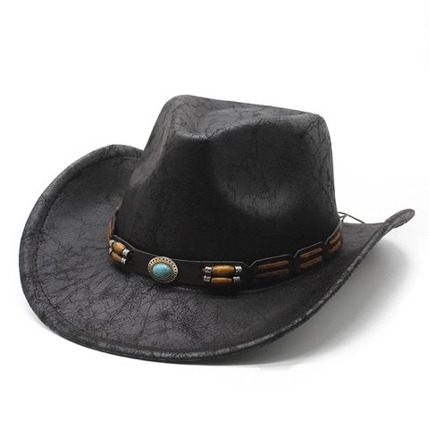 Vintage Western Cowboy Hat Distressed Cracked Texture Wide Brim Turquoise Wood Bead Decor Outdoor Sun Shade Men Women