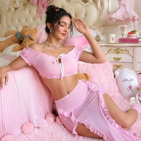 Pink Pajama Top And High Slit Skirt Mesh Polyester Ruffles Off Shoulder See Through Sweet Bow Knot Nightwear Women