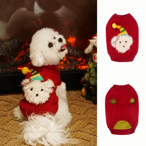 Christmas Dog Sweater Red Knitted Pet Clothes Warm Winter Puppy Outfit With 3D Cartoon Bear Head For Small Medium Cats