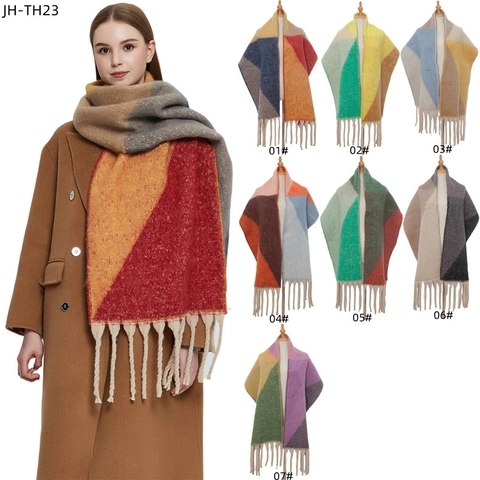 Écharpe Châle Hiver Femme Épais Chaud Imitation Mohair Fil Bouclé Jacquard Bloc De Couleur Avec Glands