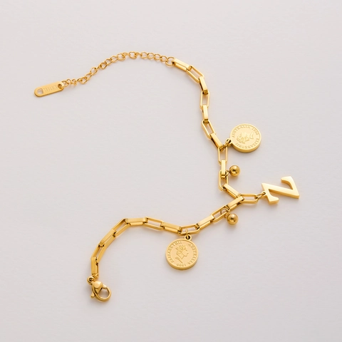 Initial Letter Gold Plated Stainless Steel Bracelet Elizabeth II Coin Pendant Retro Hip Hop Trendy Chain Jewelry Women