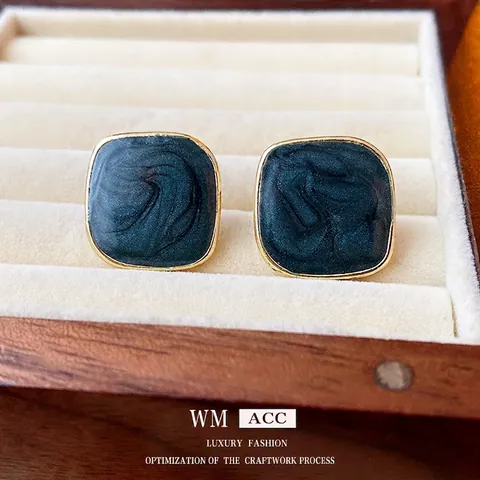 Square Stud Earrings Retro Enamel Marble Pattern Alloy With Silver Earring Post Chic Geometric Jewelry For Women