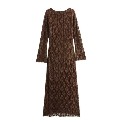 Vestido Largo De Encaje Para Mujer Manga Larga Acampanada Cuello Redondo Lazo Color Sólido Marrón Elegante Poliéster