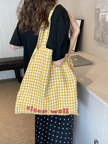 Sac Fourre-Tout En Toile À Carreaux Grande Capacité Sac À Épaule Imprimé Lettres Pour Femmes Quotidien Décontracté Style Urbain
