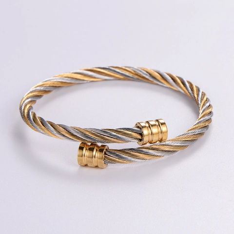 Brazalete Abierto De Cable Trenzado De Acero Inoxidable Bicolor Chapado En Oro Puño Geométrico Joyería Vintage Unisex