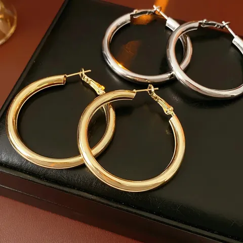 Large Round Hoop Earrings With Silver Earring Post Polished Metal Geometric Minimalist Statement Jewelry For Women