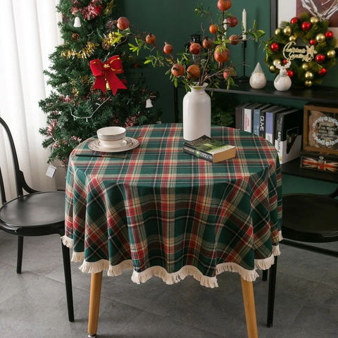 Nappe Ronde Mélange Coton Lin Motif À Carreaux Avec Franges Pompons Pour Noël Décoration De Table Fête