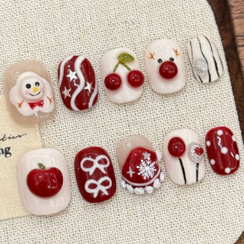 Unghie Finte ABS Natale Inverno Pupazzo Di Neve Renna Fiocco Di Neve 3D Fiocco Ciliegia Lucide Rimovibili Dolce Donna