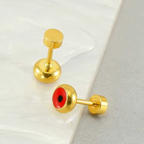 Round Evil Eye Stud Earrings Stainless Steel 18K Gold Plated Enamel Flat Threaded Screw Back Minimalist Jewelry For Women