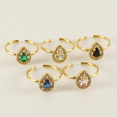 Elegante Open Ring Met Peervormige Zirkoon Halo 18K Verguld Roestvrij Staal Verstelbare Waterdruppel Sieraden Voor Dames