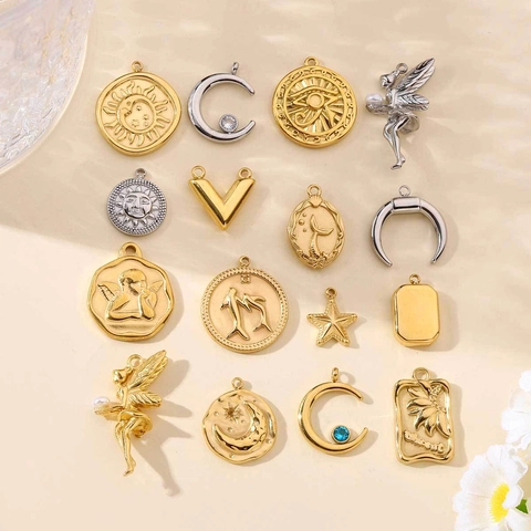 Edelstahl Strass Künstliche Perlen Anhänger Charms Für DIY Schmuckherstellung Französisch Vintage Sonne Mond Engel Stern Designs