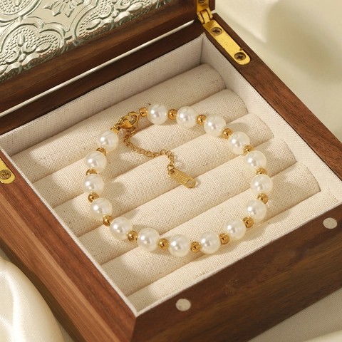 French Baroque Style Bracelet 18K Gold Plated Stainless Steel Faux Artificial Pearl Beaded Elegant Vintage Jewelry For Women