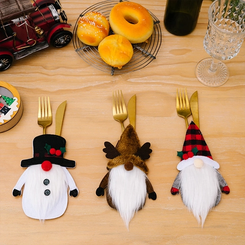 Juego de Porta Cubiertos de Gnomo de Navidad Nórdico de Tela Papá Noel Muñeco de Nieve Reno Decoración de Mesa de Fiesta