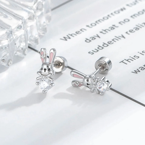 Cute Rabbit Cartilage Ear Stud Pink Enamel Stainless Steel Copper Clear Cubic Zirconia Screw Back Piercing Jewelry
