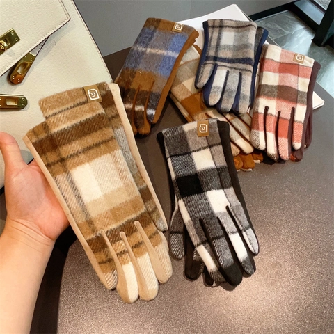 Damen Wollhandschuhe Kariert Winter Warm Touchscreen Fingerhandschuhe Elegant Retro Outdoor Zubehör