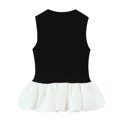 Damen Peplum Tank Top Strick Patchwork Schwarz Weiß Kontrast Volant Saum Goldene Rosenknöpfe Ärmellos Slim Fit