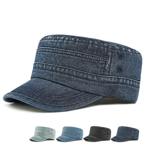 Washed Denim Cadet Cap Flat Top Military Hat Adjustable Retro Vintage Sun Protection Cotton Unisex Casual Headwear