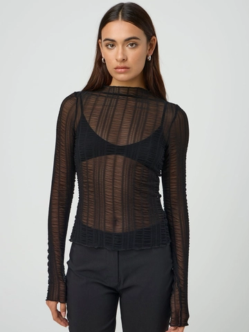 Maglietta Trasparente Sexy da Donna in Mesh Girocollo Manica Lunga Vestibilità Aderente Tinta Unita Top Traforato