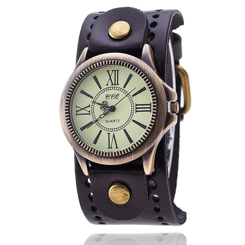 Retro Punk Quartz Watch With Leather Cuff Bracelet Strap Bronze Case Roman Numerals Analog Casual Vintage Wristwatch