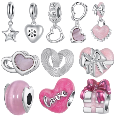 Heart Star Charms For DIY Bracelets 925 Sterling Silver With Pink Enamel And Zircon Romantic Jewelry For Women
