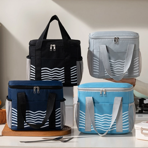 Isolierte Lunchtasche Oxford Tuch Wellenmuster Wasserdichte Kühltasche Mit Seitlichen Netztaschen Für Picknick Büro Reise