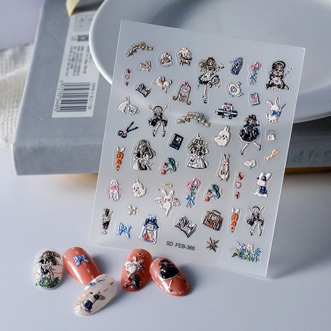 5D Reliëf Nagelstickers Waterdicht Lolita Anime Meisje Ontwerp Konijn Bloem DIY Manicure Decoratie Zelfklevende Decals