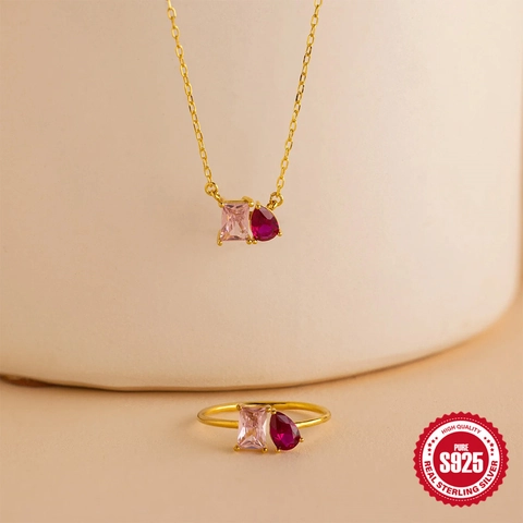 925 Sterlingsilber Schmuckset Gold Plattiert Rosa Zirkonia Wassertropfen Anhänger Halskette Und Verstellbarer Ring Damen